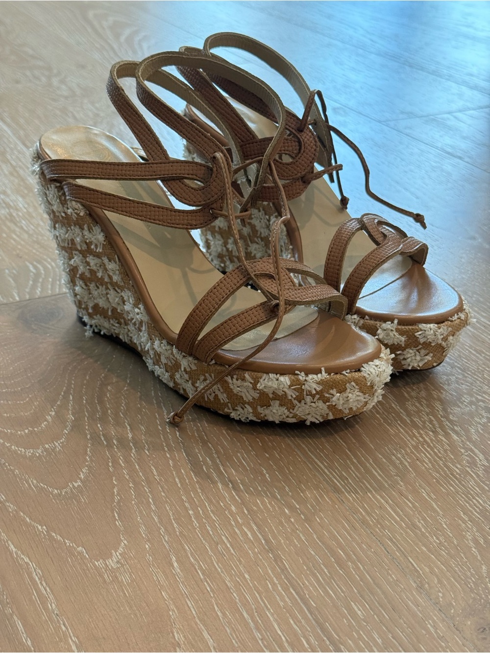 Brand New w/Box Brown Textured Espadrille Lace-Up Wedge Sandals